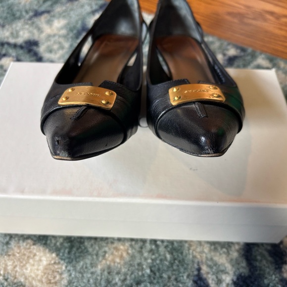 St. John Black Leather Heels with Gold Accents - Picture 2 of 6